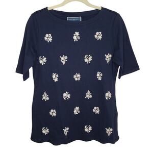 Karen Scott Printed Scalloped Cotton Flowered Top Small
